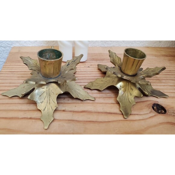 2x VTG Holly Leaf Candlestick Set Brass Candles Holders Taper Christmas Decor - Picture 5 of 6